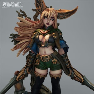 Könnte beinhalten: Detaillierte Figur eines weiblichen Fantasy-Charakters. Sie trägt ein grünes und schwarzes Outfit mit goldenen Akzenten, darunter Shorts, ein Oberteil und Armschützer. Die Figur hat lange blonde Haare und hält zwei Schwerter. Das Hardwitch Games Logo befindet sich oben links.