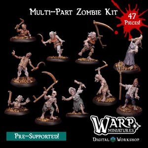 Puede incluir: Una colección de miniaturas de zombis de varias partes, cada una con poses y armas únicas como guadañas y horcas. Las figuras están pintadas en tonos apagados, con el texto "Multi-Part Zombie Kit" y "47 Pieces!" mostrado.