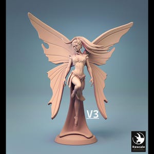 May include: A detailed sculpture of a fairy with large, detailed wings. The fairy is in a dynamic pose, with flowing hair and intricate clothing. The sculpture is a light pink colour and stands on a pedestal. The text "V3" is visible.