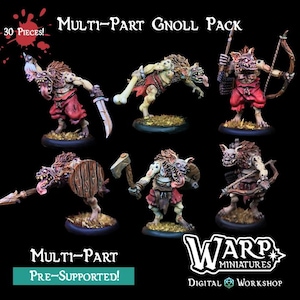 Könnte beinhalten: Sechs detaillierte, mehrteilige Gnoll-Miniaturen, jeweils mit unterschiedlichen Posen und Waffen wie Schwert, Axt und Bogen. Die Figuren sind in Rot-, Braun- und Beigetönen bemalt. Der Text "MULTI-PART GNOLL PACK" und "30 PIECES!" ist ebenfalls sichtbar.