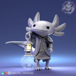 以下が含まれることがあります： 明るい光のランタンを持った3Dプリントのアホロートルフィギュア。アホロートルはマントとチュニックを着ています。フィギュアは白で、青い表面に立っています。「pepunki_creatures」というテキストが下にあります。