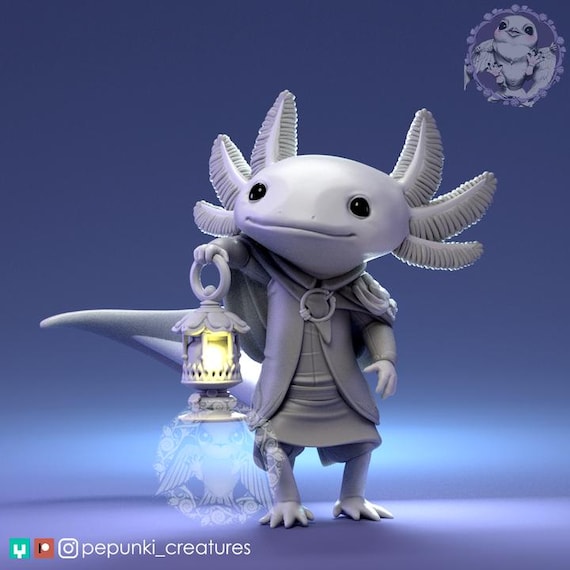 Little Axolotl with Lamp, Tabletop or Display, Resin Print, TTRPG, Pepunki, DnD Miniatures, Anime Figure, Garage Kit, Fantasy, Model Paint