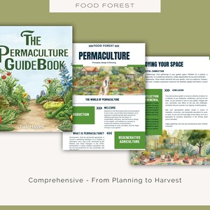 May include: A book cover with the title "The Permaculture Guidebook" by T.J. Hayes. The cover features a colorful illustration of a garden path with various vegetables and flowers. The book is about permaculture, a system of gardening that mimics natural ecosystems.