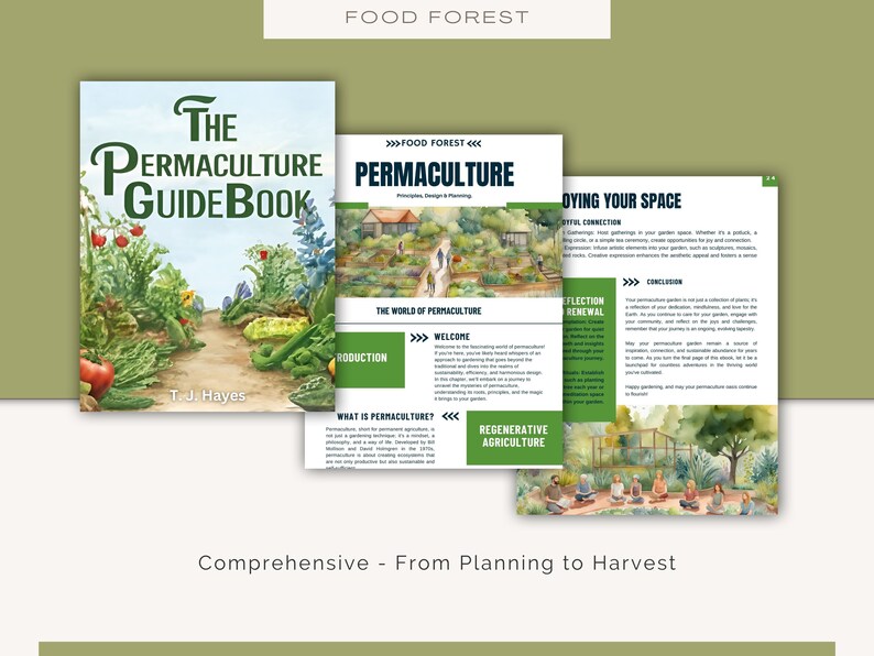May include: A book cover with the title "The Permaculture Guidebook" by T.J. Hayes. The cover features a colorful illustration of a garden path with various vegetables and flowers. The book is about permaculture, a system of gardening that mimics natural ecosystems.