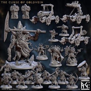 May include: A selection of grey miniature figurines, including statues, siege weapons, and fantasy characters. The text "THE CURSE OF GOLDVEIN" is at the top. The Artisan Guild logo and copyright information are at the bottom.