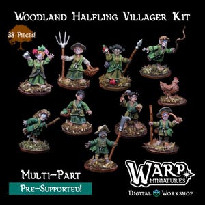 Puede incluir: Un conjunto de figuras en miniatura, el "Woodland Halfling Villager Kit", que representa a varios personajes vestidos de verde y marrón. El kit incluye 38 piezas y es multi-parte y pre-soportado. Las figuras están sobre un fondo oscuro con el logotipo de "Warp Miniatures".