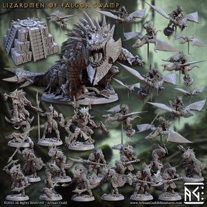 May include: A collection of miniature figurines depicting Lizardmen of Fal'gor Swamp. The set includes a large, detailed dragon-like creature, a stone temple, and various Lizardmen warriors, some riding winged creatures. The figurines are in shades of gray.
