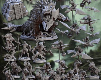 May include: A collection of miniature figurines depicting Lizardmen of Fal'gor Swamp. The set includes a large, detailed dragon-like creature, a stone temple, and various Lizardmen warriors, some riding winged creatures. The figurines are in shades of gray.