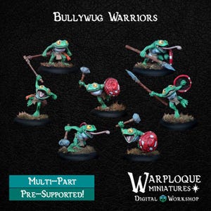 Puede incluir: Un conjunto de seis guerreros rana en miniatura pintados de verde y rojo, cada uno con un arma y de pie sobre una base redonda. Las miniaturas son parte de un conjunto multi-parte, pre-soportado de Warploque Miniatures.