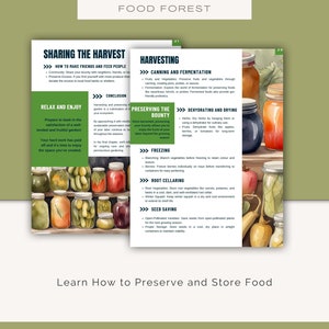 May include: Illustrated guide with tips on how to preserve and store food from a garden. The guide includes sections on sharing the harvest, harvesting, preserving the bounty, freezing, root cellaring, and seed saving. The image features jars of preserved fruits and vegetables.