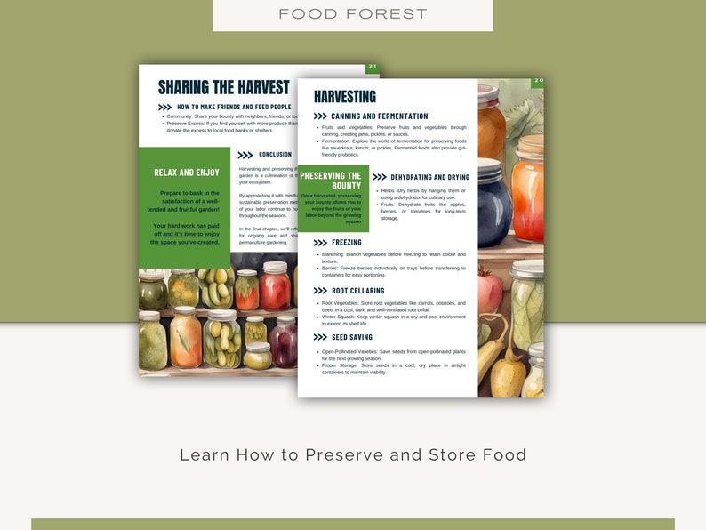 May include: Illustrated guide with tips on how to preserve and store food from a garden. The guide includes sections on sharing the harvest, harvesting, preserving the bounty, freezing, root cellaring, and seed saving. The image features jars of preserved fruits and vegetables.