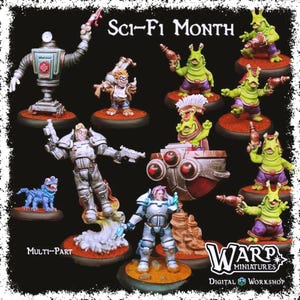 Könnte beinhalten: Eine Sammlung von mehrteiligen Miniaturfiguren mit einem Sci-Fi-Thema. Die Figuren umfassen Roboter, Außerirdische und futuristische Soldaten, alle auf kleinen, runden Sockeln. Der Text "Sci-Fi Month" und "Warp Miniatures" sind sichtbar.