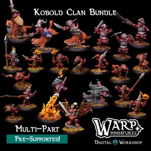 Puede incluir: Conjunto de Clan Kobold, un conjunto de 17 miniaturas impresas en 3D multi-parte, pre-soportadas para juegos de rol de mesa. Las miniaturas están pintadas en varios tonos de rojo, marrón y verde, y presentan una variedad de armas y armaduras. Las miniaturas están colocadas en bases circulares.