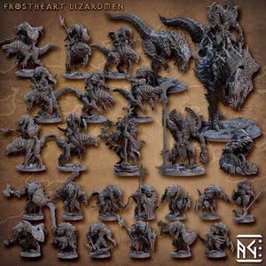 May include: A collection of gray Frostheart Lizardmen miniatures, including various poses of humanoid lizard creatures and a large dragon-like figure. The text "FROSTHEART LIZARDMEN" is at the top. The miniatures are arranged on a brown surface.
