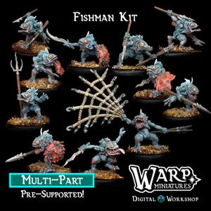 Puede incluir: Un conjunto de 10 miniaturas imprimibles en 3D multiparte, pre-soportadas, de guerreros pez azul con varias armas y poses. Las miniaturas están diseñadas para juegos de mesa y forman parte del kit Fishman de Warp Miniatures.
