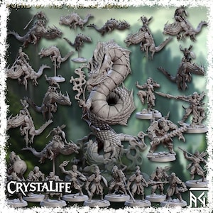 Puede incluir: Una colección de figuras en miniatura grises, que incluyen dragones, guerreros y otras criaturas fantásticas. Las figuras están dispuestas sobre un fondo verde y blanco. El logotipo de Crystalife es visible en la parte inferior.