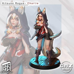 Kitsune Rogue Charlie - 32mm/55mm -  Gaz Minis, Resin Print, Waifu, Anime Figure, Garage Kit, Fantasy, DnD Miniatures, Display Pinup, nsfw,