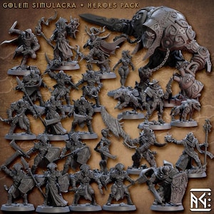 Puede incluir: Un conjunto de figuras en miniatura grises, que incluyen guerreros, criaturas y un gran golem. Las figuras son detalladas, con varias armas y armaduras. El texto "GOLEM SIMULACRA + HEROES PACK" es visible.