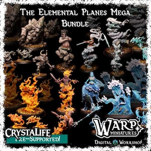 Puede incluir: Un conjunto de miniaturas de fantasía que representan criaturas elementales, como elementales de fuego, agua y tierra. Las miniaturas están pintadas con colores vibrantes y forman parte del "Elemental Planes Mega Bundle" de Crystalife y Warp Miniatures.