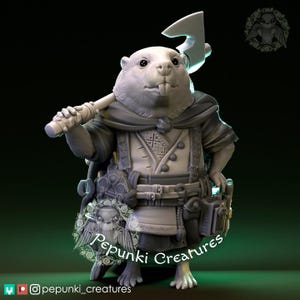 May include: A detailed figurine of a beaver-like creature, dressed in a detailed outfit and holding an axe. The figure has a stern expression and is adorned with pouches, a cape, and a decorative wreath. The text "Pepunki Creatures" is visible.