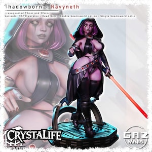 May include: A detailed figurine of Ravyneth from the Shadowborn series. The figure is a female character with purple hair, wearing a black outfit and holding a red lightsaber. The base is a detailed platform. The text on the image includes "CRYSTALIFE" and "GAZ MINIS".