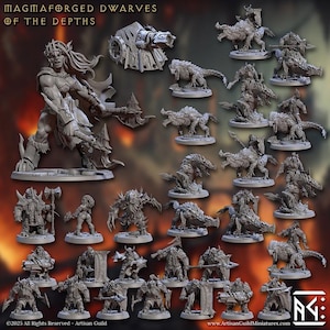 Può includere: Una collezione di miniature grigie, tra cui nani e creature, su sfondo scuro. Le figure variano per dimensioni e posa, alcune sono montate su bestie. Il testo in alto recita "MAGMAFORGED DWARVES OF THE DEPTHS".