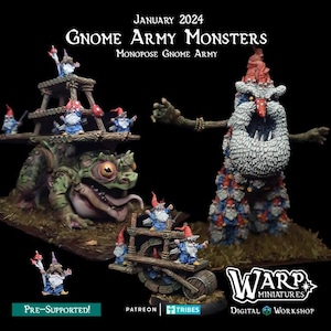 May include: A set of 3D printed miniature figures depicting a gnome army. The figures are painted in various shades of blue, red, and green. The figures are posed in a variety of dynamic positions, including standing, sitting, and crawling. The figures are all wearing gnome hats and carrying various weapons and tools. The figures are set against a black background. The text "JANUARY 2024 GNOME ARMY MONSTERS MONOPOSE GNOME ARMY" is displayed at the top of the image. The text "PRE-SUPPORTED! PATREON TRIBES DIGITAL WORKSHOP" is displayed at the bottom of the image.