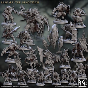 Peut inclure: Plusieurs figurines miniatures détaillées de créatures bestiales, dont des guerriers cornus et des bêtes massives, armées et vêtues d'armures. Les figurines sont dans des tons de gris et sont disposées sur un fond sombre. Le texte "RISE OF THE BEASTMAN" est en haut.