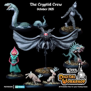 Op de afbeelding: Een verzameling fantasie miniaturen, waaronder een zeemonster, een mot-achtig wezen en andere cryptiden. De figuren zijn in verschillende kleuren geschilderd en op kleine bases geplaatst. De tekst "The Cryptid Crew October 2025" staat bovenaan.