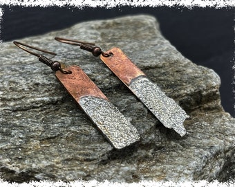 COPPER & SILVER Earrings, Brushed Silver Earrings, Minimalist Jewelry, Copper Jewelry, Abstract Silver Earrings, Bar Dangle Earrings