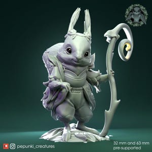 May include: A detailed, grey 3D-printed figurine of a squirrel-like creature, wearing ornate clothing and carrying a staff. The figurine is pre-supported and available in 3.2 cm and 6.3 cm sizes. The Instagram handle @pepunki_creatures is visible.