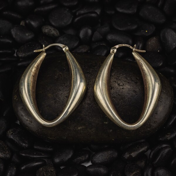 Thailand Silver Hoop Earrings | 925 Sterling Silver Oval Hoop Earrings | Vintage Silver Hoop Earrings | 4 cm Diameter Across | FREE SHIPPING