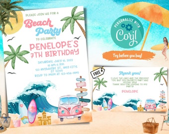 Strand verjaardagsuitnodiging sjabloon met bedankkaart, strandtelefoon verjaardagsuitnodiging, strand elektronische uitnodiging, strandfeestthema