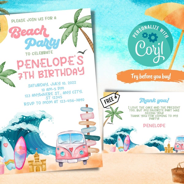 Modèle d'invitation d'anniversaire de plage avec carte de remerciement, invitation d'anniversaire de téléphone de plage, invitation électronique de plage, thème de fête de plage
