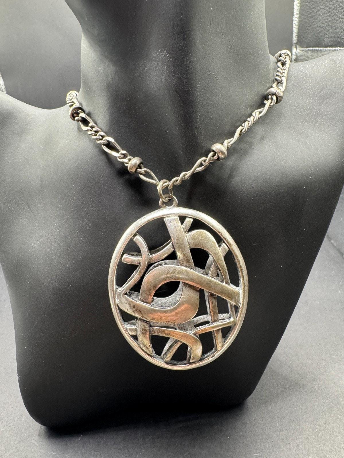 Vintage Signed Dana Buchman Big Modernist Pendant Silver Tone Necklace 23"