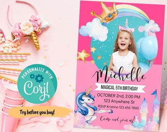 DIY Princess Unicorn Birthday Invitation 7x5 inches,  Princess Unicorn Theme, Princess Unicorn  Printable Invitation