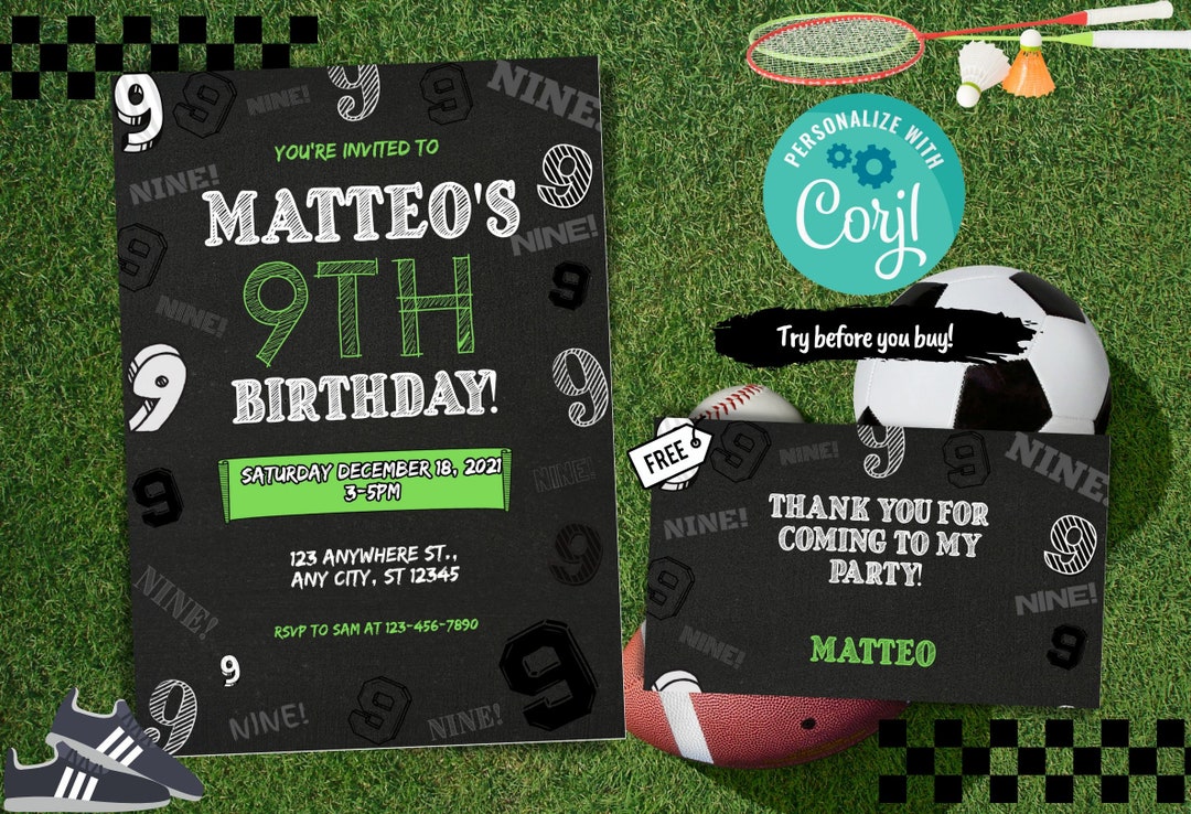 Boy 9th Birthday Invitation Template With Thank You Card, Boy 9th Phone ...