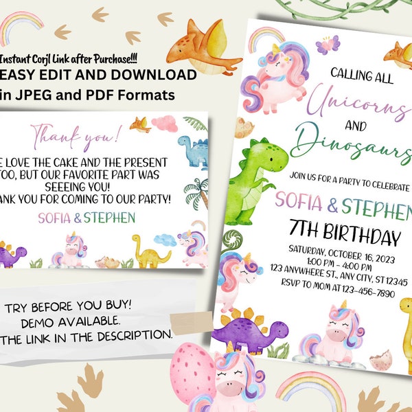 Unicorn and Dinosaur Birthday Invitation with Thank You Card, Joint Birthday Invite, Sibling Birthday Invitation, Unicorn and Dinosaur Party