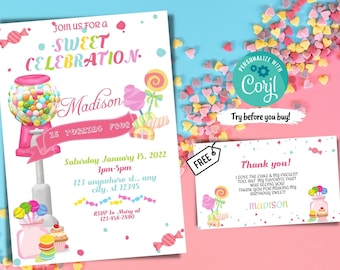 Candy Land Theme Phone Birthday Invitation Template 7x5 inches with FREE Thank you card, Candy Land Theme Phone Birthday Invitation