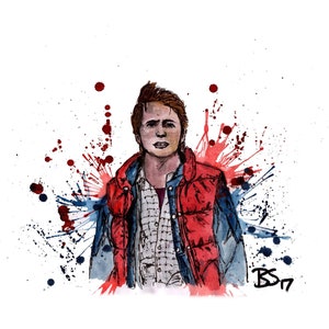 Puede incluir: Una ilustración de acuarela de un hombre que lleva un chaleco rojo y una chaqueta azul, con una camisa blanca debajo. El fondo es una salpicadura de pintura roja, azul y negra.