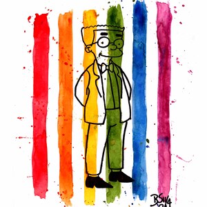 Puede incluir: Una ilustración en blanco y negro de una persona con gafas y pajarita de pie frente a un fondo de acuarela arcoíris. El fondo tiene rayas verticales de rojo, naranja, amarillo, verde, azul y morado.