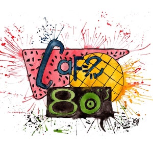 May include: Watercolor painting of a retro diner sign with the words "Cafe 80's" in a black and green box. The sign is surrounded by colorful paint splatters.