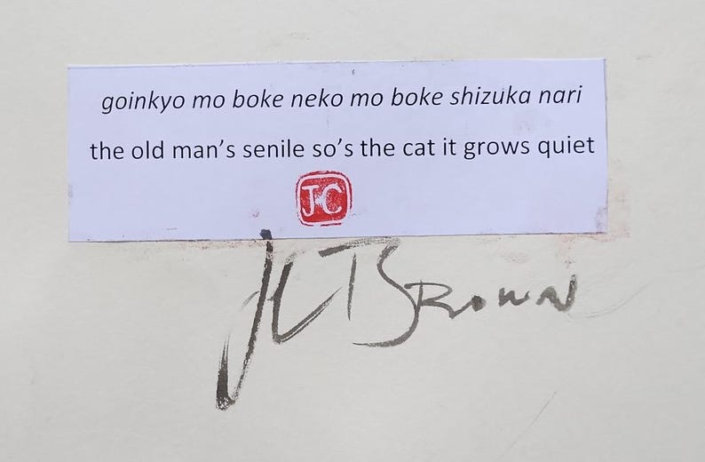 Hand-brushed Japanese Senryū Poem With Old Man and Cat Illustration ...
