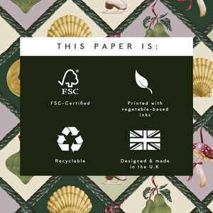 May include: Decorative paper featuring a repeating pattern of seashells, pears, and mushrooms. The text on the paper states it is FSC-certified, printed with vegetable-based inks, recyclable, and designed and made in the U.K.