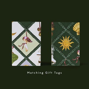 May include: Two rectangular gift tags with decorative patterns. One tag features a mushroom design, the other a sun. Both tags have a green braided border and a diamond pattern. The text "Matching Gift Tags" is at the bottom.
