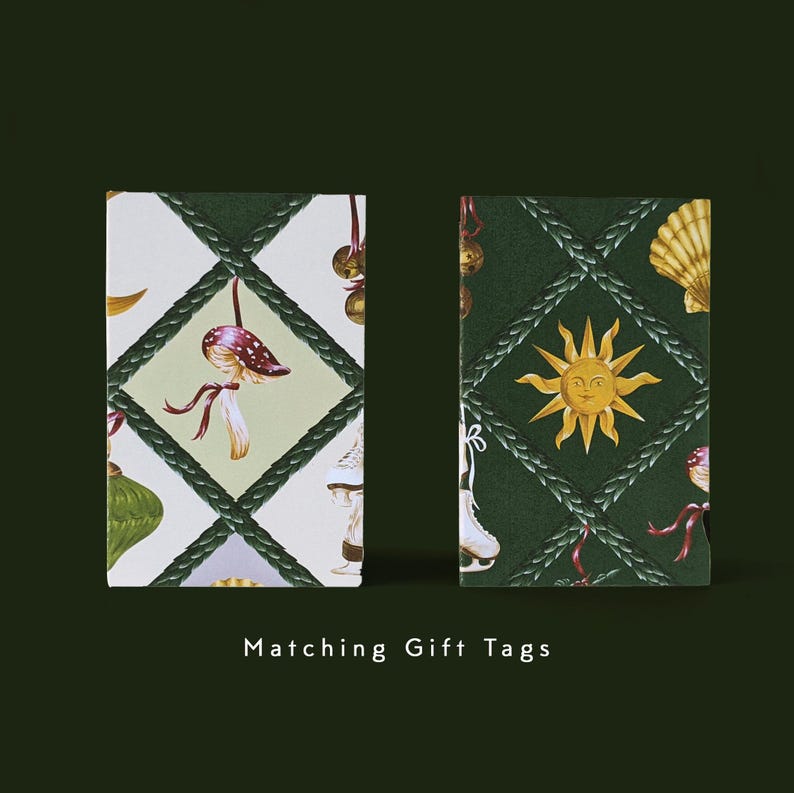 May include: Two rectangular gift tags with decorative patterns. One tag features a mushroom design, the other a sun. Both tags have a green braided border and a diamond pattern. The text "Matching Gift Tags" is at the bottom.
