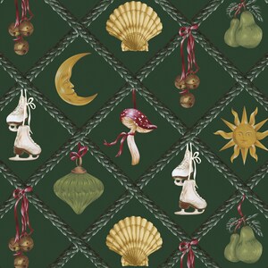 May include: A repeating pattern on a dark green background features various decorative elements. These include gold seashells, a crescent moon, a sun with a face, pears, ice skates, bells, a mushroom, and a green ornament, all tied with red ribbons.