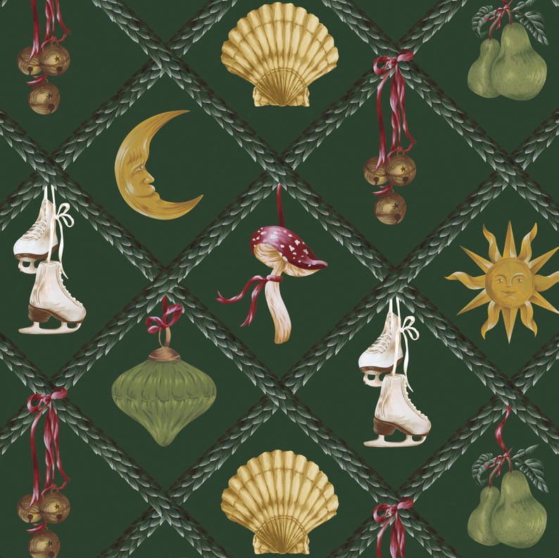 May include: A repeating pattern on a dark green background features various decorative elements. These include gold seashells, a crescent moon, a sun with a face, pears, ice skates, bells, a mushroom, and a green ornament, all tied with red ribbons.