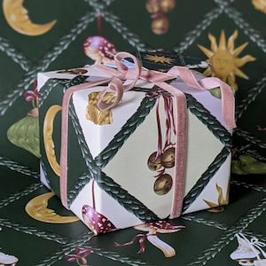 May include: A gift box wrapped in patterned paper with moons, suns, and mushrooms. The box is tied with a pink velvet ribbon. The background is a dark green with a repeating pattern. The overall design has a whimsical, fairytale aesthetic.