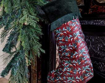Personalised Fringed Berry Christmas Stocking; Embroidered Family Heirloom, Handmade in the UK